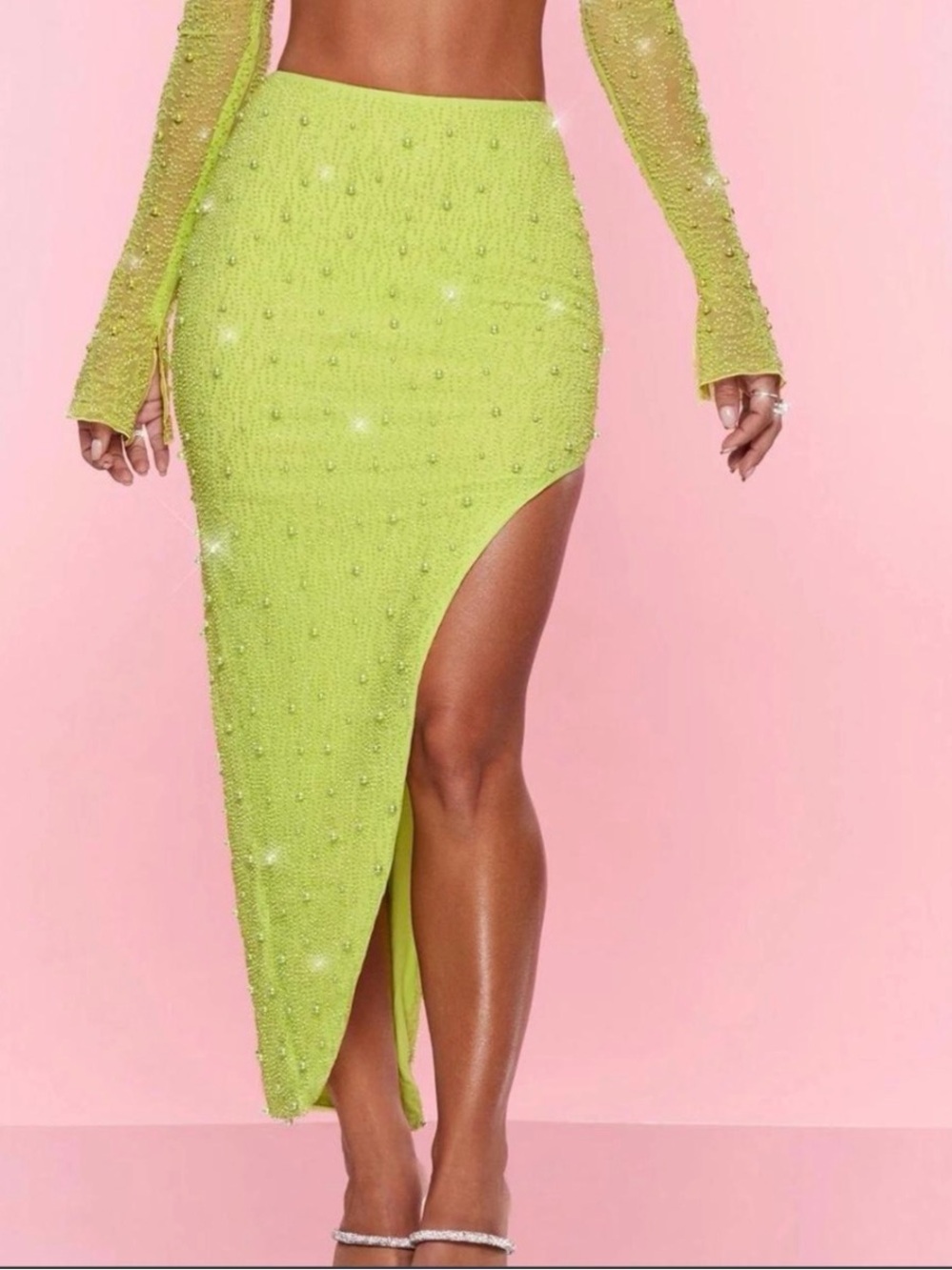 Oh Polly Neon Lime Maxi Skirt with Bead Embellishments